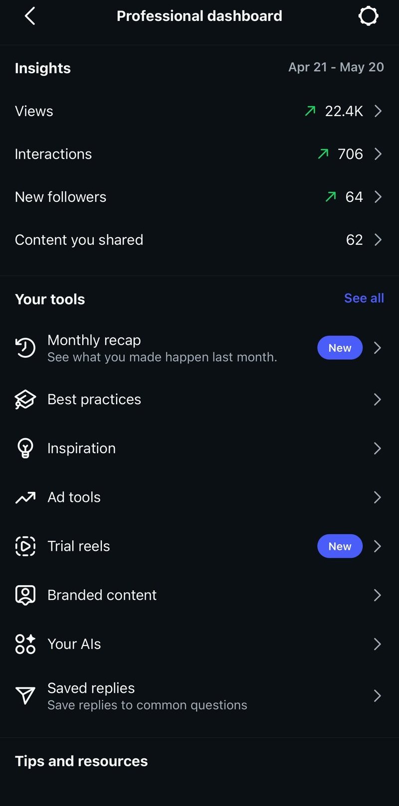 Instagram Professional Dashboard for Grounded CSK showing 22.4K views, 706 interactions, 64 new followers, 62 pieces of content