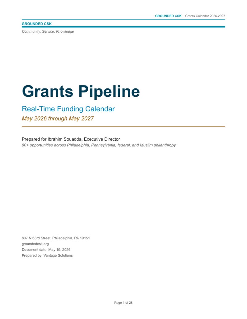 Grants Pipeline document cover for Grounded CSK, May 2026 to May 2027, listing 90+ opportunities across Philadelphia, Pennsylvania, federal, and Muslim philanthropy