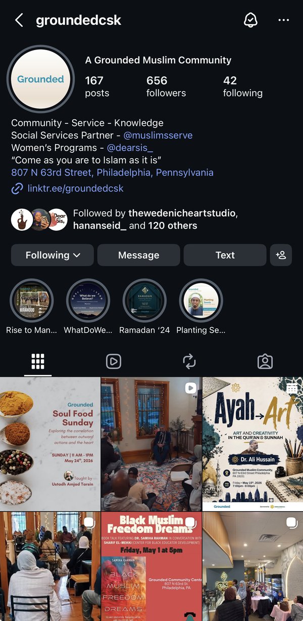 Grounded Community Center Instagram profile showing 167 posts, 656 followers, story highlights for Rise to Manhood, WhatDoWeBelieve, Ramadan, and Planting Seeds