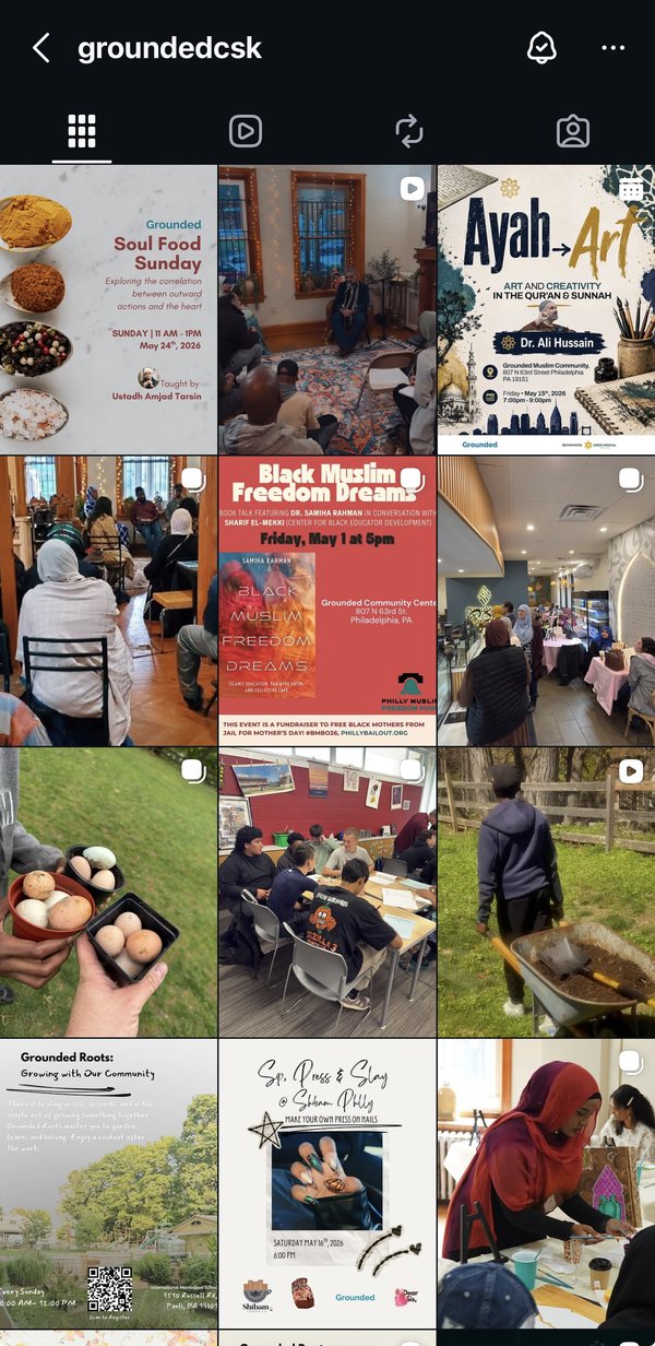 Grounded Community Center Instagram content grid showing branded event announcements and community photography