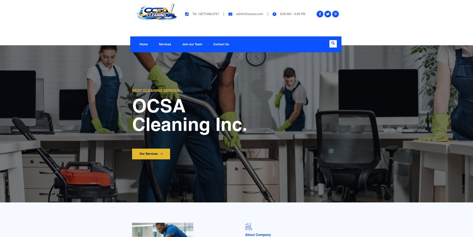 OCSA Cleaning Inc marketing site, showing the updated brand identity and hero