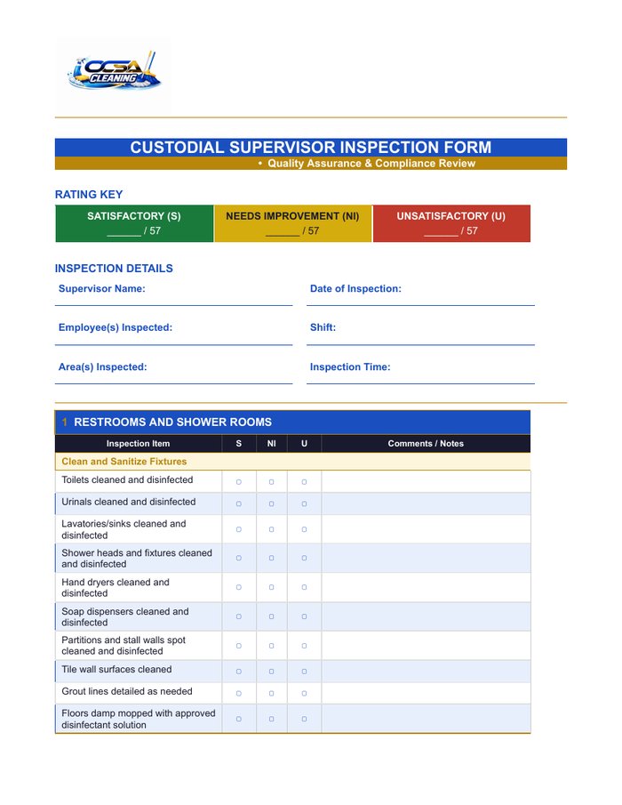 Custodial Supervisor Inspection Form designed for OCSA Cleaning Inc