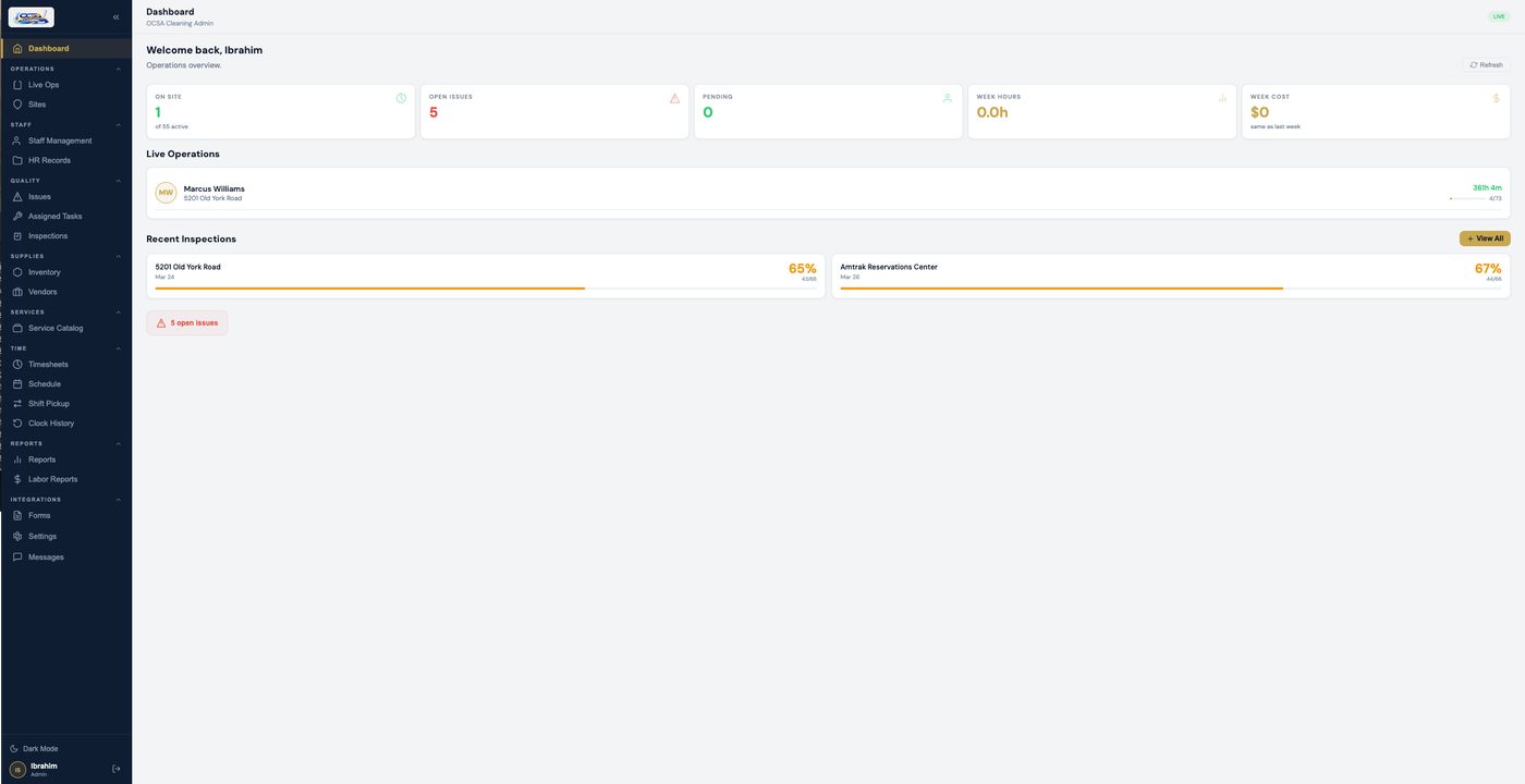 OCSA Cleaning operations dashboard in light mode showing live ops, inspections, and weekly hours