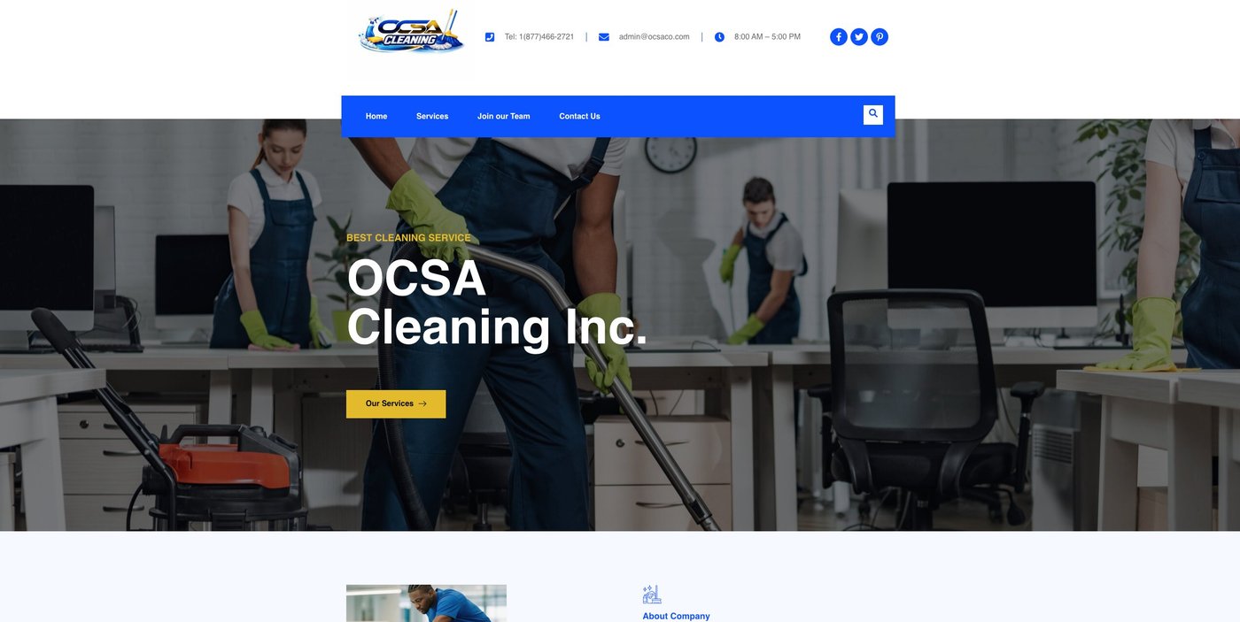 The OCSA Cleaning Inc marketing site, showing the hero headline and brand presentation