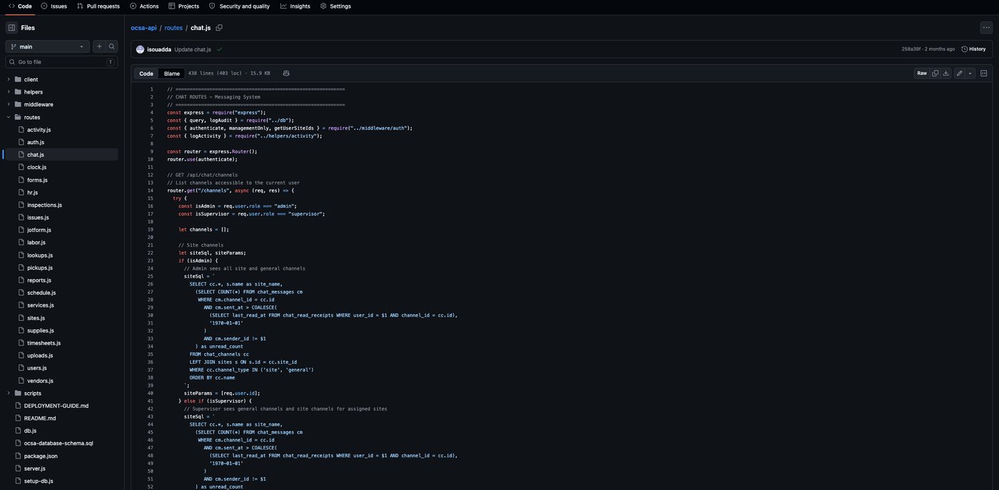 Source code from the OCSA operations platform API, showing the chat routes module