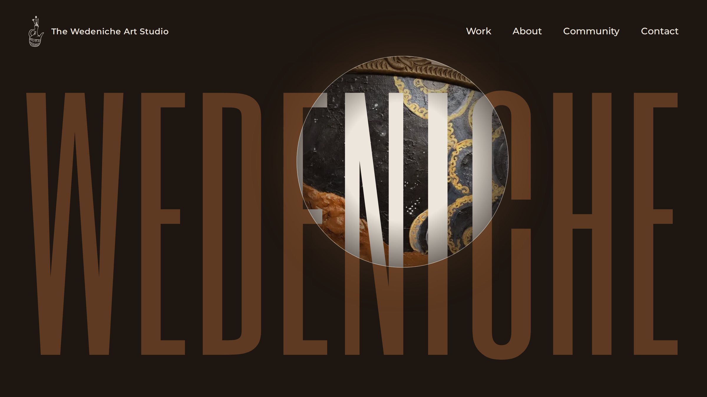 The Wedeniche Art Studio home page. A circle of light reveals the painting Nur Ala Nur beneath the word Wedeniche on a coffee-black screen.