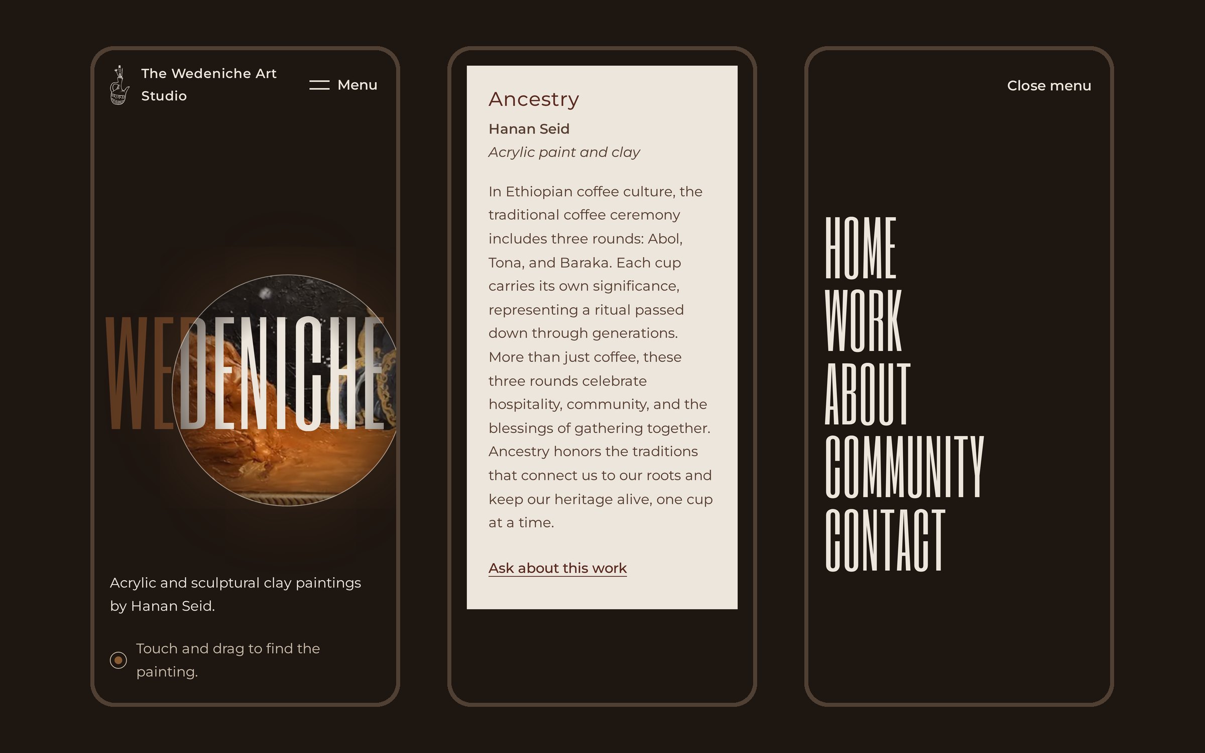 Three phone screens: the light lens on the home page, the Ancestry placard, and the full-screen menu.