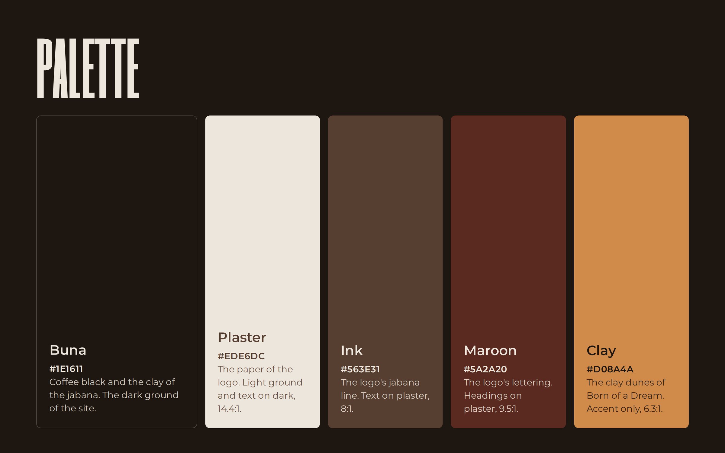 Five color swatches named Buna, Plaster, Ink, Maroon, and Clay, with hex values and contrast notes.