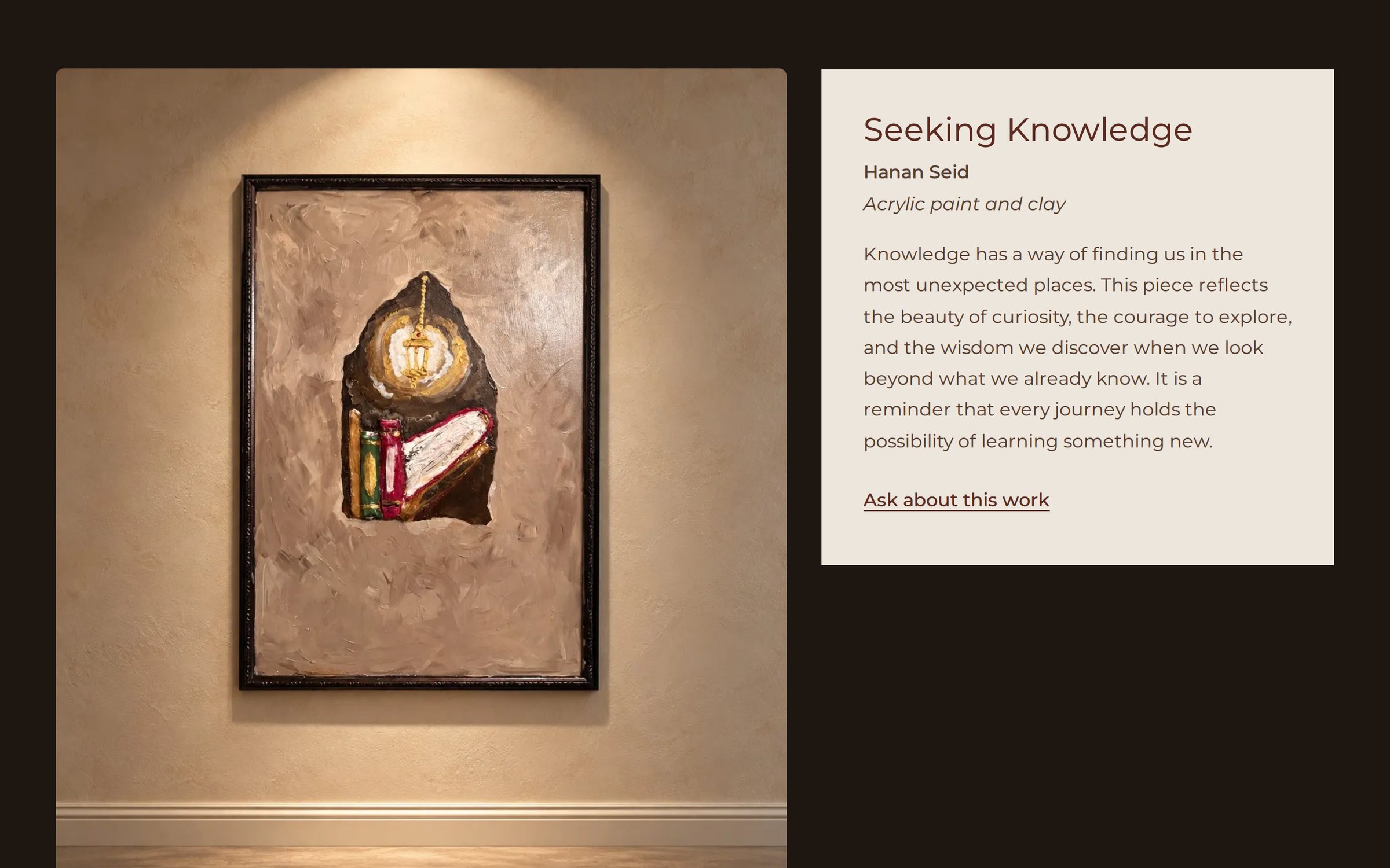 The Seeking Knowledge painting in a gallery setting beside its placard with title, artist, medium, and the artist's description.